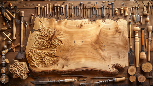 A photo captures a large piece of wood surrounded by various carving tools, illustrating the craft of woodworking. The tools and wood shavings emphasize the artistic process.