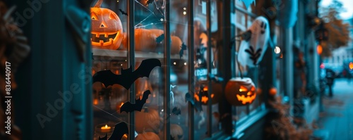 Halloween window display with glowing pumpkins and paper bats