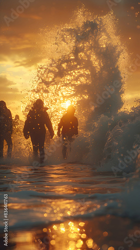 A nature geyser scene with people observing the eruption, the sun setting in the background