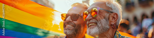 Happy senior gay male couple celebrating lgbtq pride month event with rainbow flags at golden hour