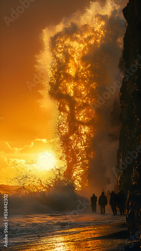 A nature geyser scene with people observing the eruption, the sun setting in the background