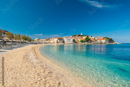 Idyllic beach near the charming Primosten town, Adriatic Sea in Croatia