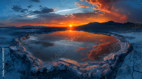 A nature mud volcano during sunset, the sky ablaze with colors, and the steam reflecting the hues