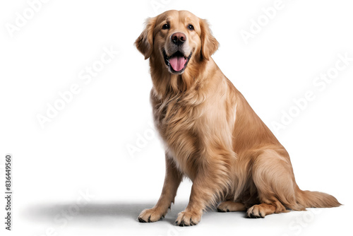 A well-groomed golden retriever is shown seated, with its face blurred out, on a transparent, white background, png format for pet themes