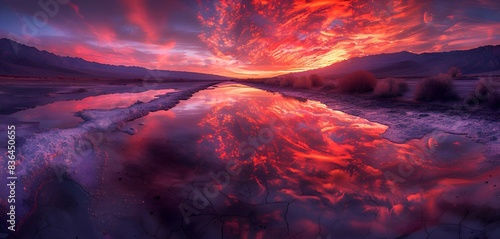 A nature quicksand area during sunset, the sky ablaze with colors, and the sand reflecting the hues