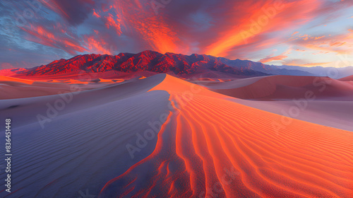 A nature sand dune during sunset, the sky ablaze with colors, and the sand casting long shadows