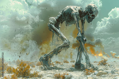 An undead creature dragging its leg through a desolate landscape. Concept of isolation and decay. Generative Ai.