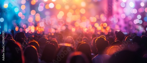 A vibrant crowd enjoys a concert with colorful stage lights and bokeh effects, capturing the high-energy atmosphere of live music.