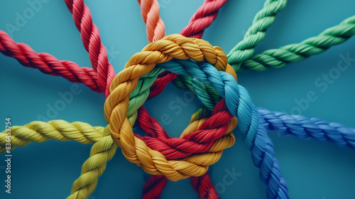 concept to improve cooperation, cohesion of colorful ropes in a team spirit strengthening project, created with generative AI technology