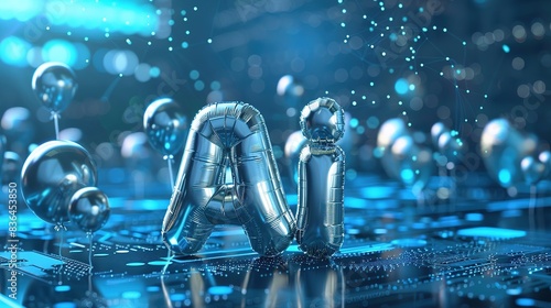 Blue AI text air foil bubbles with digital and futuristic elements glowing in the dark, artificial intelligence banner technology, data science and innovation web internet cyber space