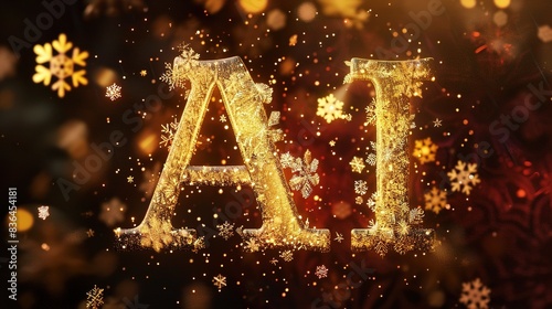 golden AI text glowing over christmas festive background, gold celebration, magic digital artificial intelligence banner, technology and innovation businesses, data science and cybernetics industries