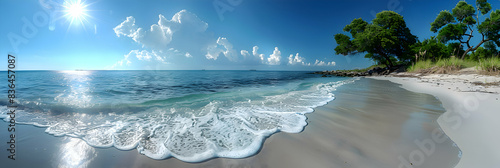 A panoramic view of a nature sandbar, the soft white sand creating a picturesque scene