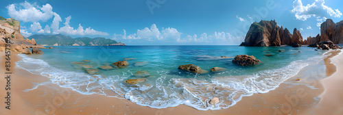 A panoramic view of a nature beach, the golden sand and clear water creating a picturesque scene