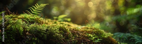 Beautiful moss and ferns in the forest banner background with copy space, close up
