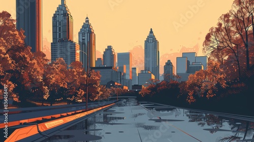  Atlanta skyline and Peach Tree Street, timeless graphic styles, subdued gleam flows through aqueous streams