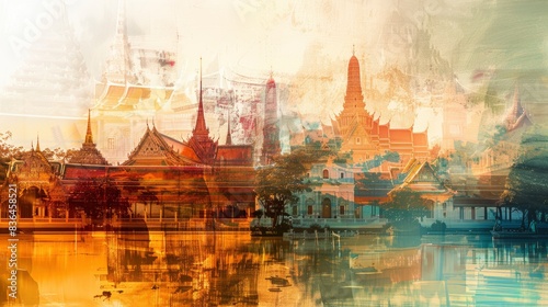  Bangkok collage with Grand Palace, nostalgic artwork, peaceful light pulses within liquid tides