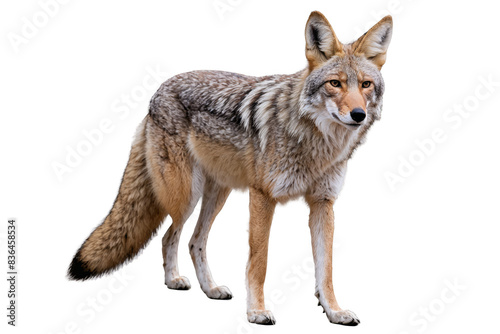 A detailed full-body image of a coyote standing alert on a transparent, white background, ideal for clean PNG usage