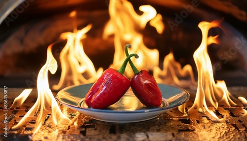 Ajís, en un plato, con fuego en el fondo, dando entender que son Super picantes