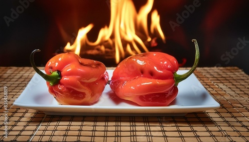 Chile habanero, en un plato, con fuego en el fondo, dando entender que son Super picantes