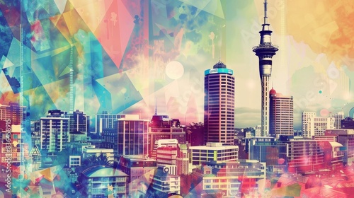  Collage of Auckland with Sky Tower, vintage concert posters, gentle brilliance pulses from liquid motion