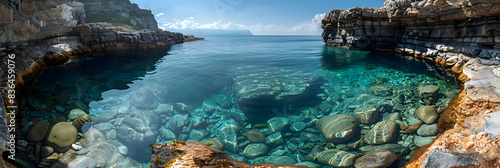 A panoramic view of a nature tide pool, the clear water and marine life creating a serene atmosphere