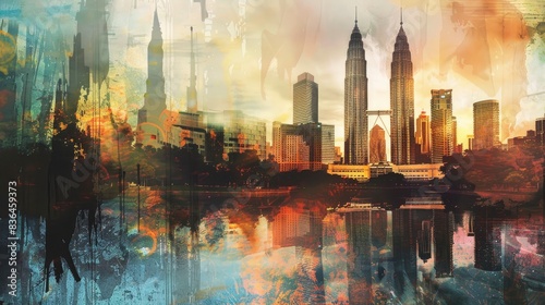  Collage of Kuala Lumpur with Petronas Towers, nostalgic artwork, calm glow flows through watery streams