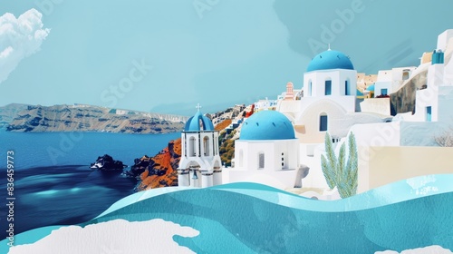  Collage of Santorini with blue-domed churches, mid-century design, tranquil brilliance flows through liquid streams