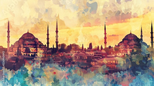  Istanbul skyline collage with Hagia Sophia, retro pop culture art, gentle radiance emanates from liquid routes