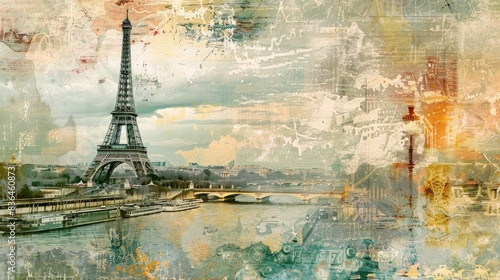  Paris collage wallpaper with Eiffel Tower, vintage printmaking, soft gleam arises from fluid tides