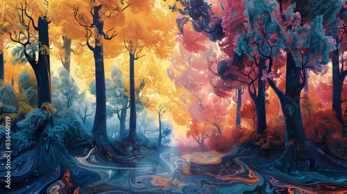 whimsical forest with trees melting into the ground in vibrant colors and swirling patterns