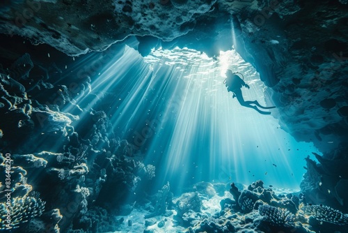 An adventure snorkeler exploring underwater cave