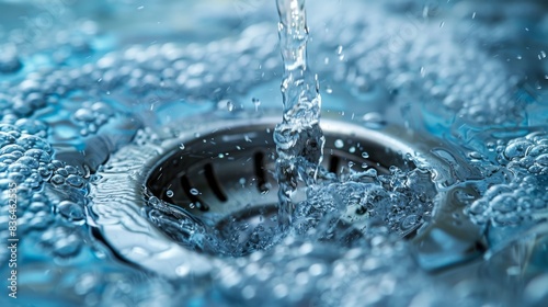 Water Flowing into Stainless Steel Sink. Close-up of water pouring into a stainless steel sink, capturing the clarity and freshness of the flowing water.