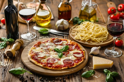 Wooden table set with traditional Italian food - pizza, tomato, cheese, pasta and wine. Celebration Day in Italy