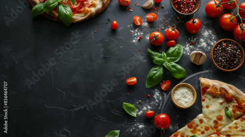 Pizza Cooking Ingredients On Black Background, Top View with a lot of space for text in the middle. Space For Recipe.