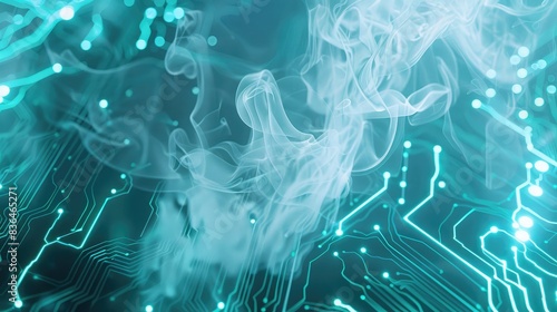 Gossamer white smoke traces neon blue circuits, a minimalist approach to a futuristic design.