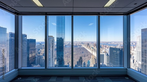 Background image of architectural photography with a sky. Window view of skyscraper and blue sky view. Urban living and modern architecture concept. Design for poster, real estate marketing. AIGT2.