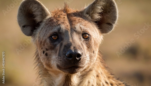 closeup of a spotted hyena in the savannah