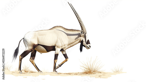 Watercolor illustration of a gemsbok oryx walking in a desert landscape with a white background.