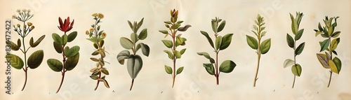 botanical illustration of various plant species, including a red flower, displayed against a white wall
