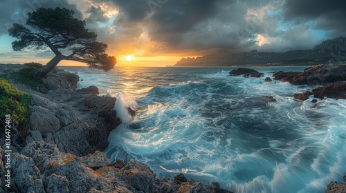 A stunning panoramic coastal scene showing a rugged rocky shoreline with crashing waves, a leaning tree, and a breathtaking sunset sky