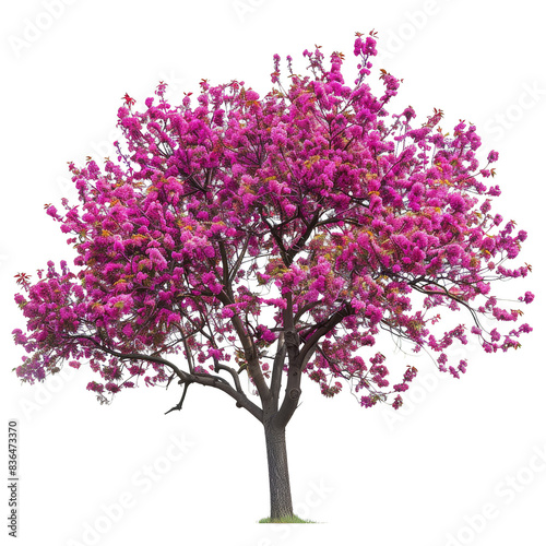 A beautiful redbud tree with heart-shaped leaves and vibrant pink flowers, isolated on white background, representing the promise of spring renewal