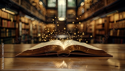 A book is open to a page with a glowing light on it