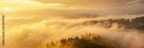 dense fog over rural landscape at sunrise or sunset, with a tall tree standing amidst the fog