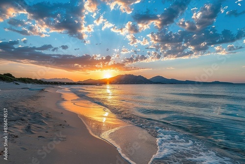 Beautiful sunset over the sea with lovely clouds and blue sky. Beautiful beach in Sardinia, Italy at summer time. Landscape photography. Wide angle lens natural lighting.