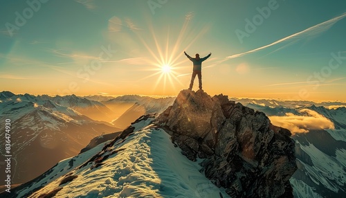 A man is standing on a mountain top, with the sun shining brightly on him