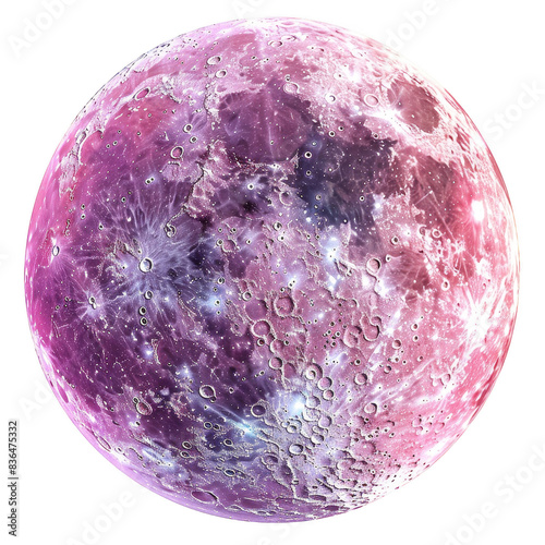 A vibrant, pink and purple moon with craters and a swirling, galaxy-like surface.