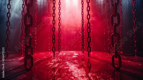 Chains hanging in a dark, red-lit room, atmospheric interior. Concept of mystery and suspense