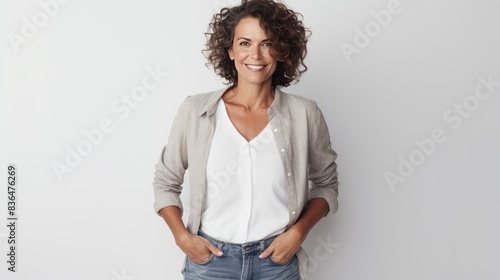  a friendly smiling middle-aged woman with warm hazel eyes, 