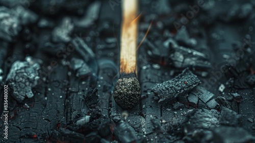 Burnt matchstick with charred tip on a worn-out matchbox, subtle details capturing a moment of quiet reflection