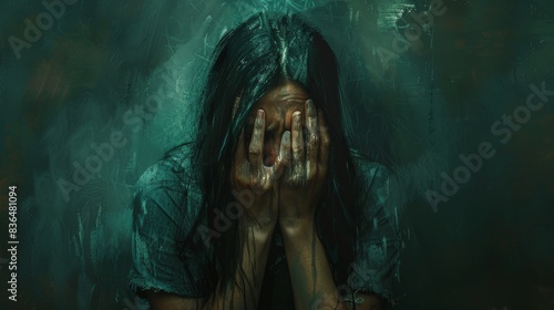 Despairing woman with her face buried in her hands, surrounded by dark shadows, expressing emotional turmoil, digital painting
